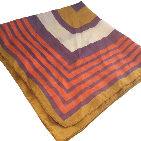 Vintage 1970s Square Silk Scarf With Striped Design In Orange Purple Yellow - Picture 2 of 3